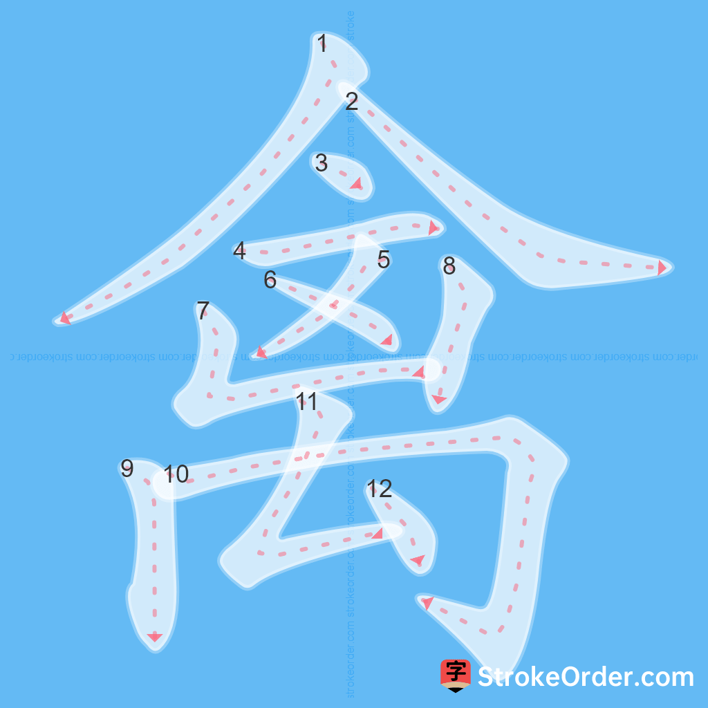 Standard stroke order for the Chinese character 禽