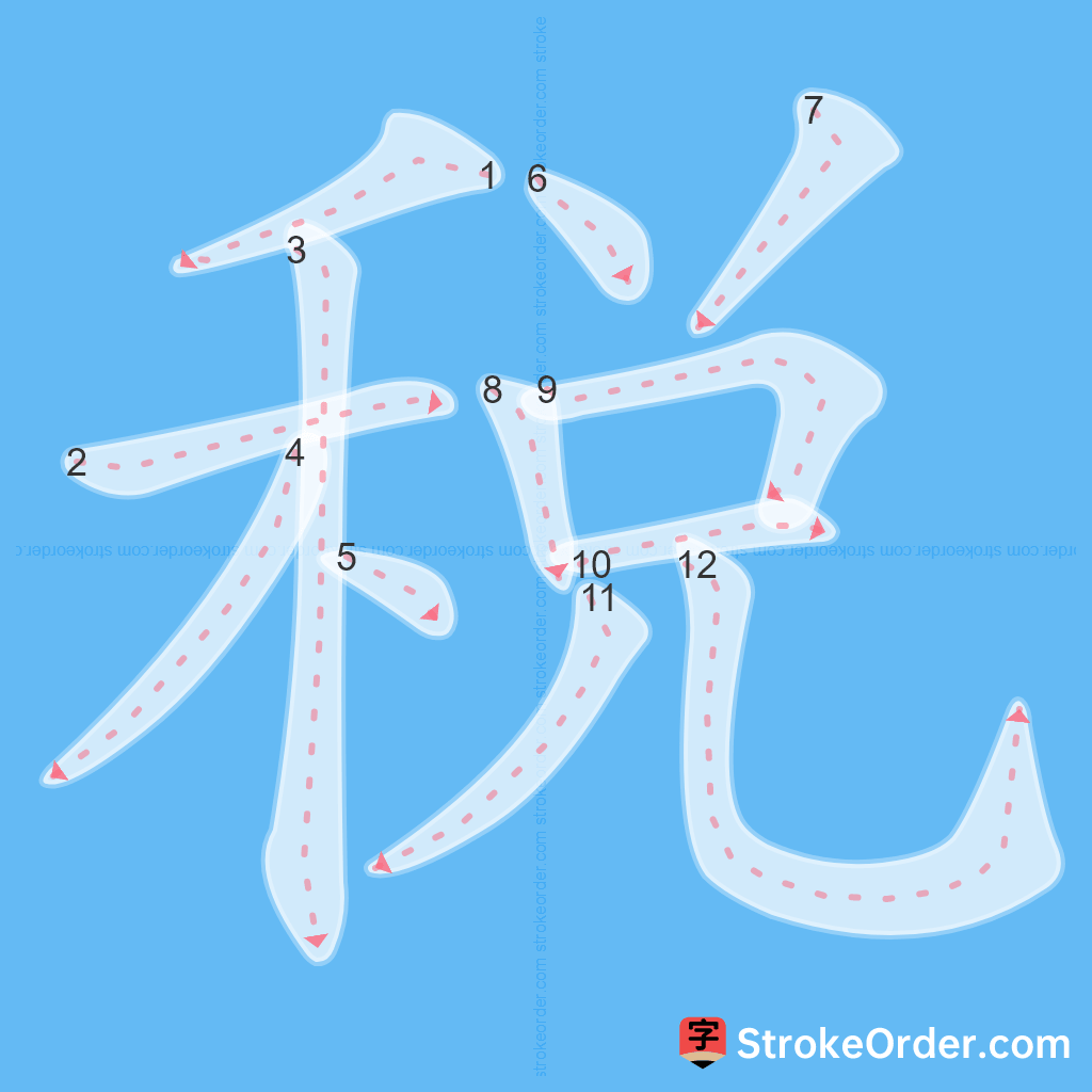 Standard stroke order for the Chinese character 稅