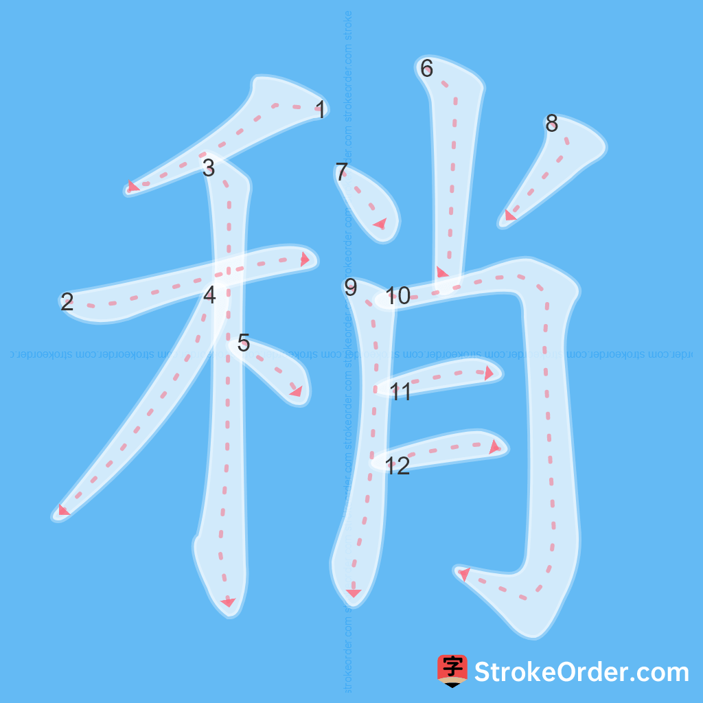 Standard stroke order for the Chinese character 稍