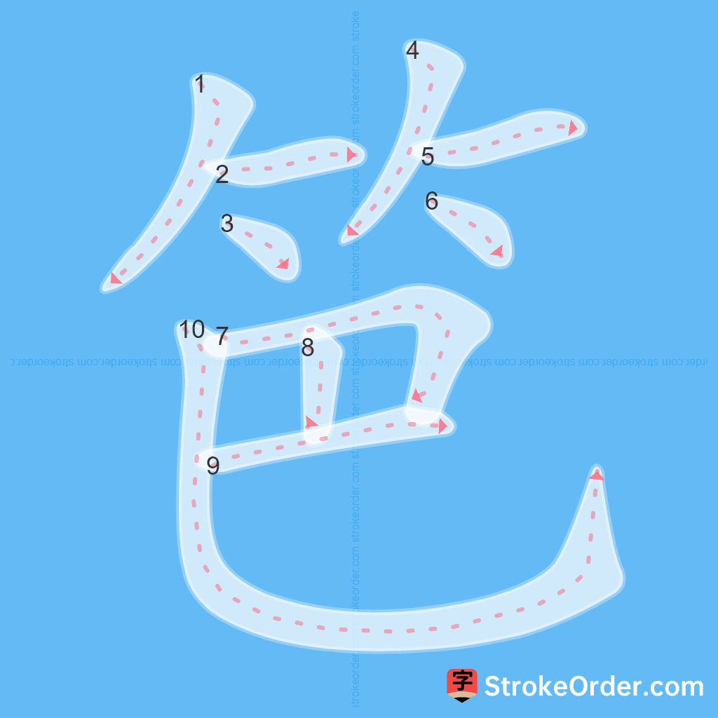 Standard stroke order for the Chinese character 笆