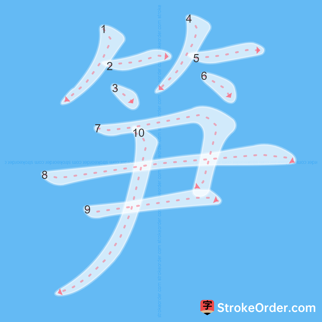 Standard stroke order for the Chinese character 笋