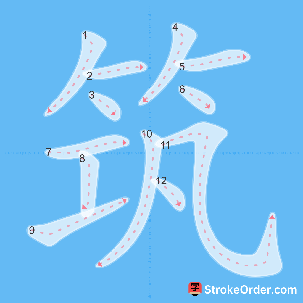 Standard stroke order for the Chinese character 筑