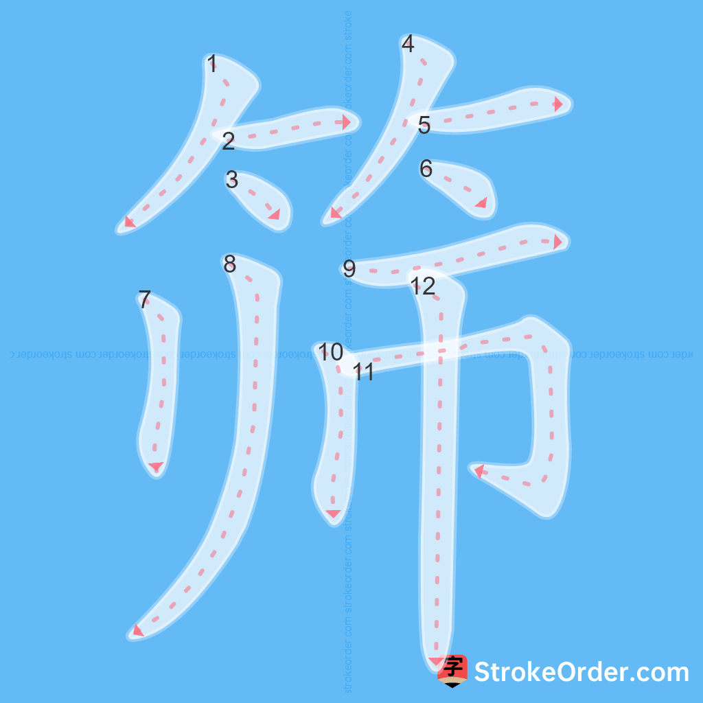 Standard stroke order for the Chinese character 筛