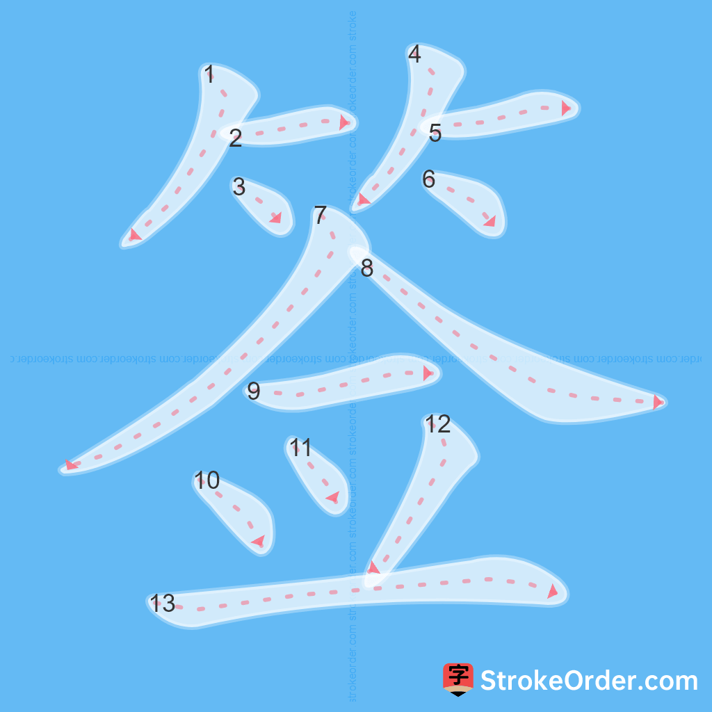 Standard stroke order for the Chinese character 签