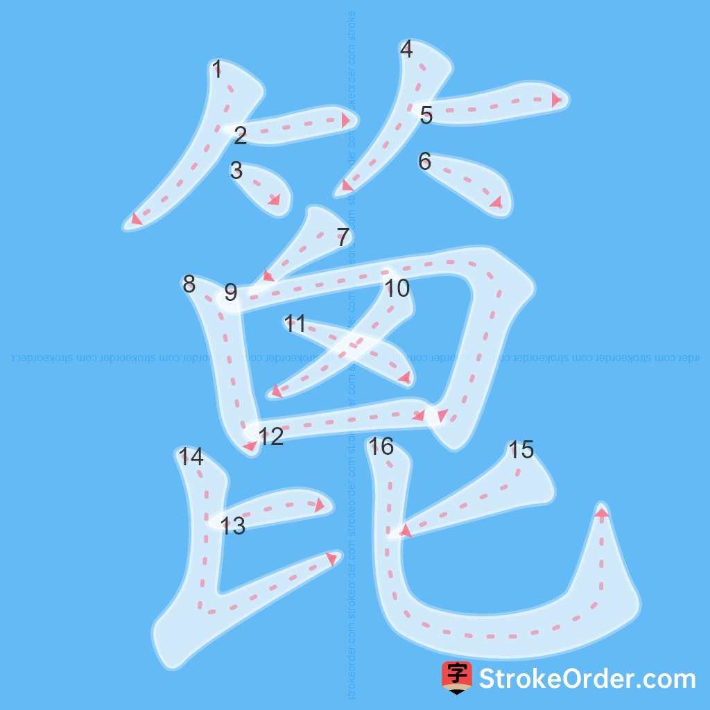 Standard stroke order for the Chinese character 篦