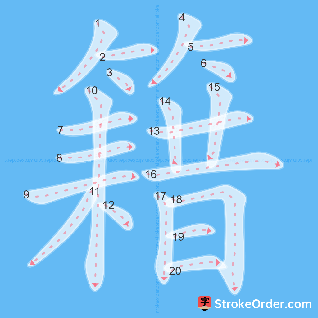 Standard stroke order for the Chinese character 籍