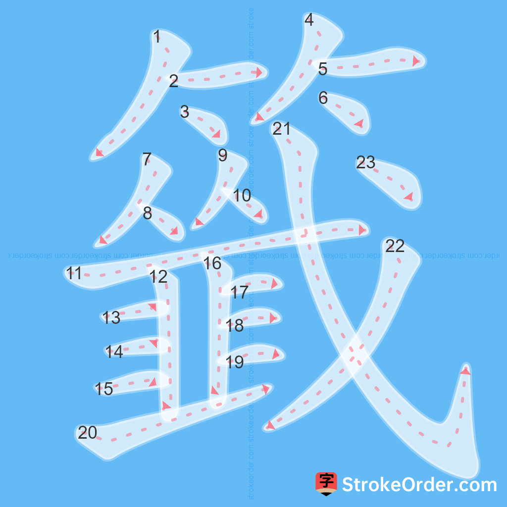 Standard stroke order for the Chinese character 籤