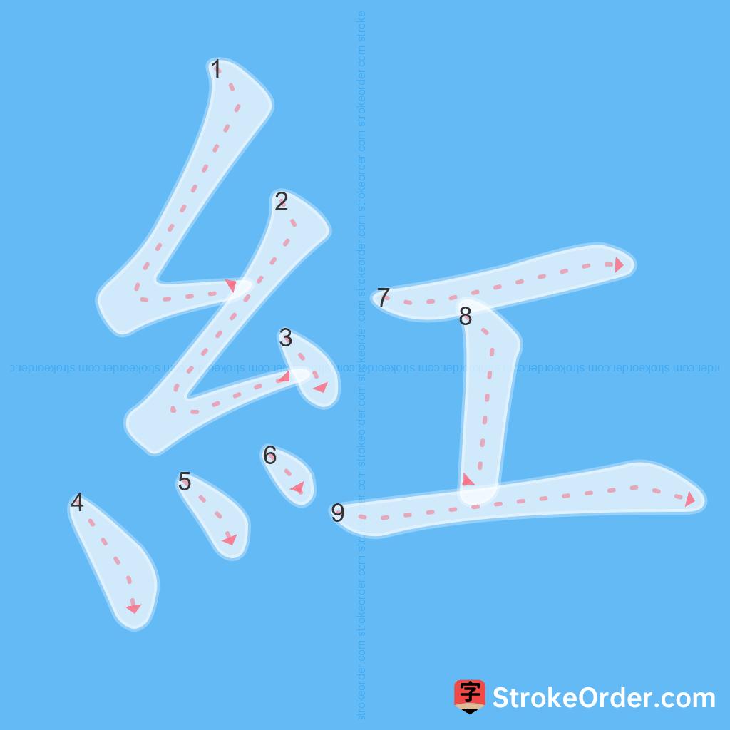 Standard stroke order for the Chinese character 紅