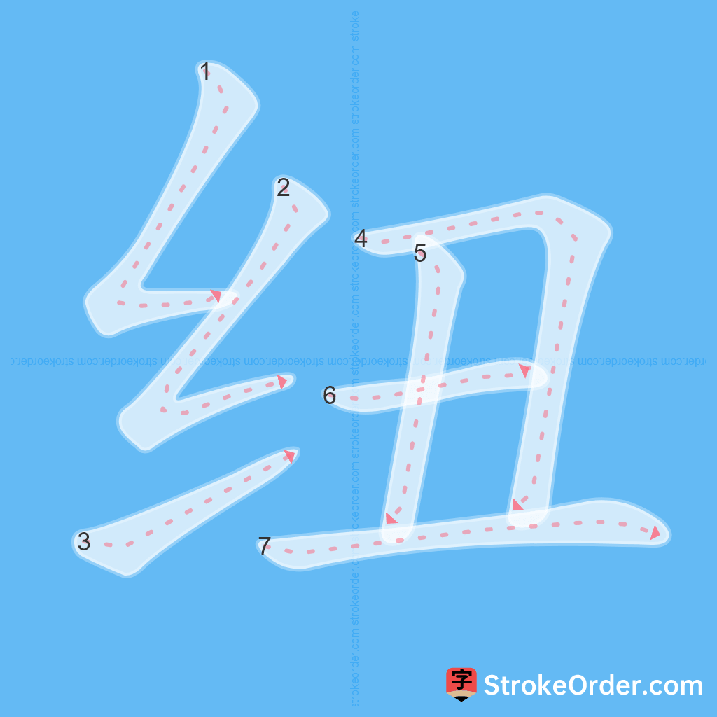 Standard stroke order for the Chinese character 纽