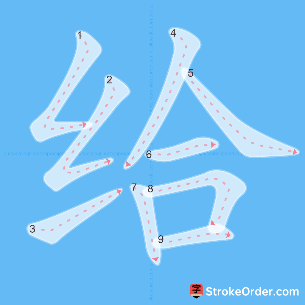 Standard stroke order for the Chinese character 给