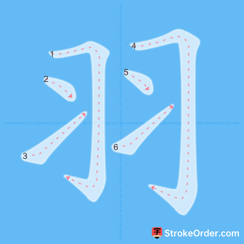 Standard stroke order for the Chinese character 羽