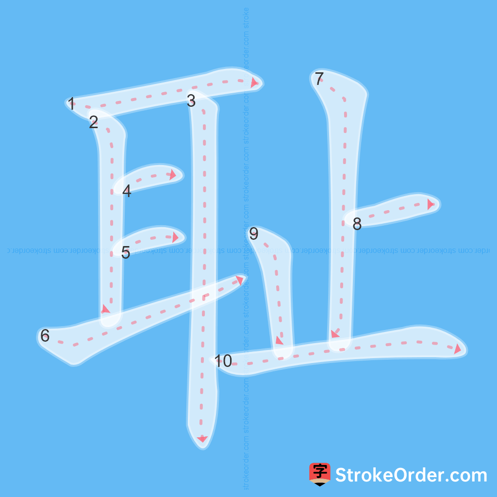 Standard stroke order for the Chinese character 耻