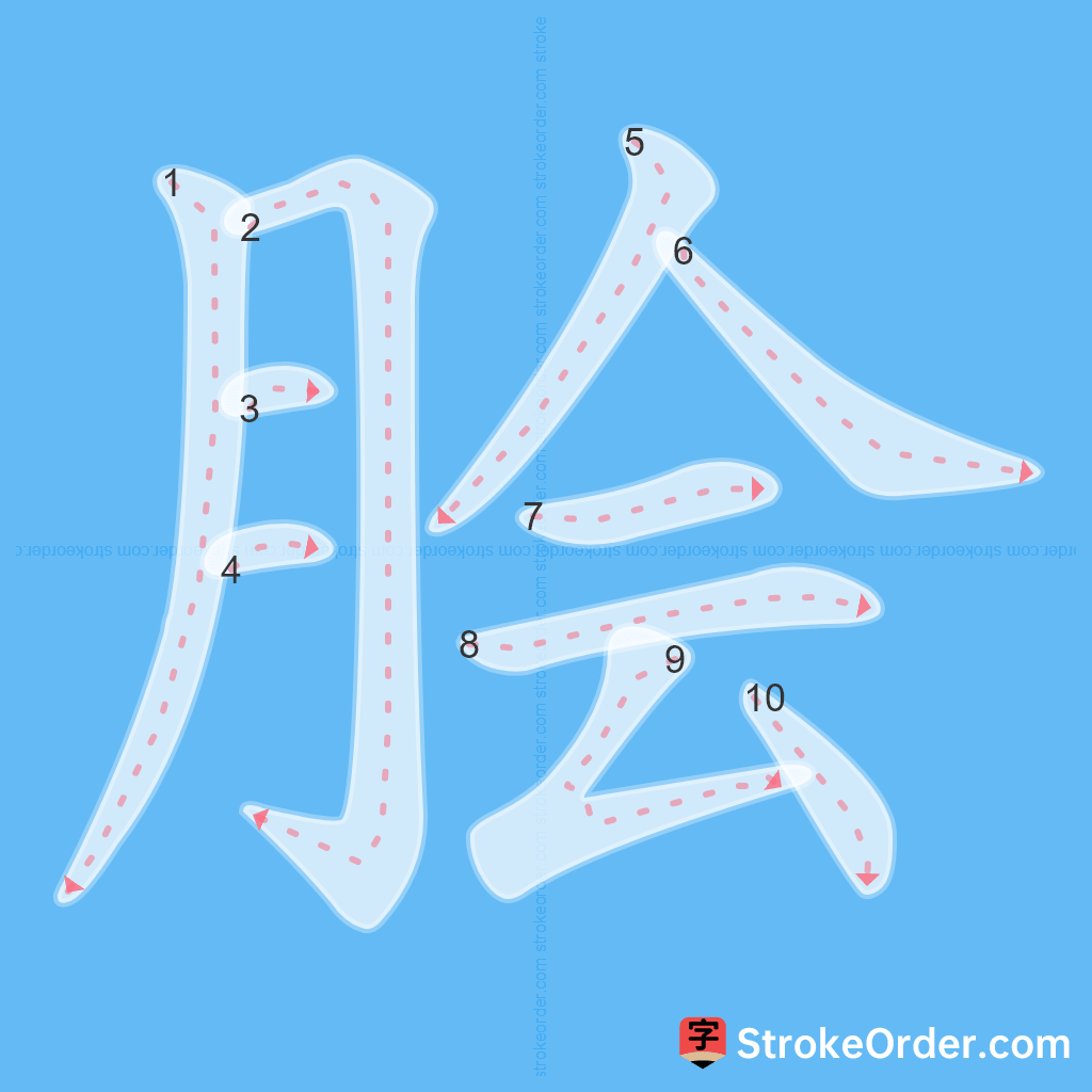 Standard stroke order for the Chinese character 脍