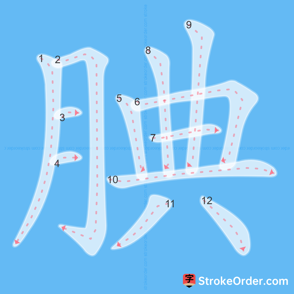 Standard stroke order for the Chinese character 腆