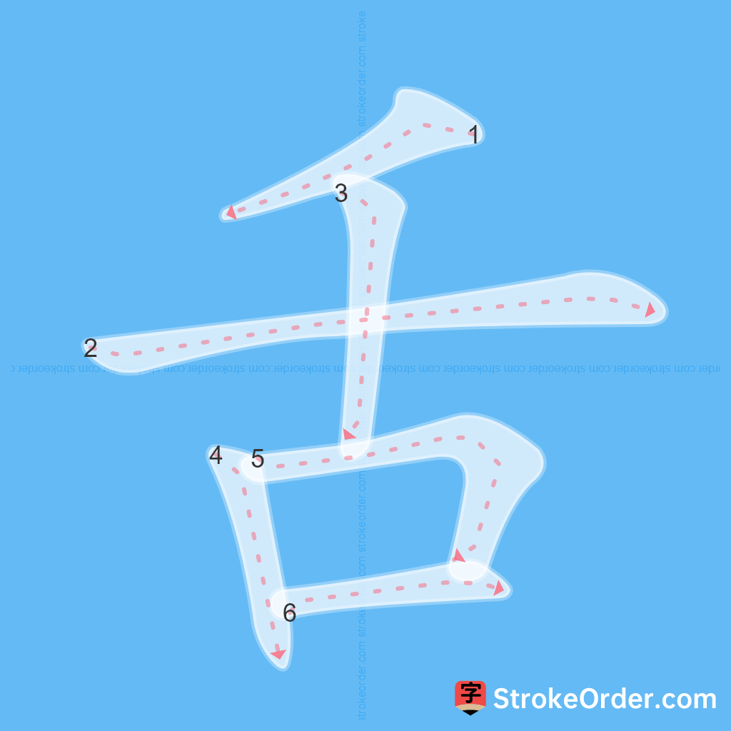 Standard stroke order for the Chinese character 舌