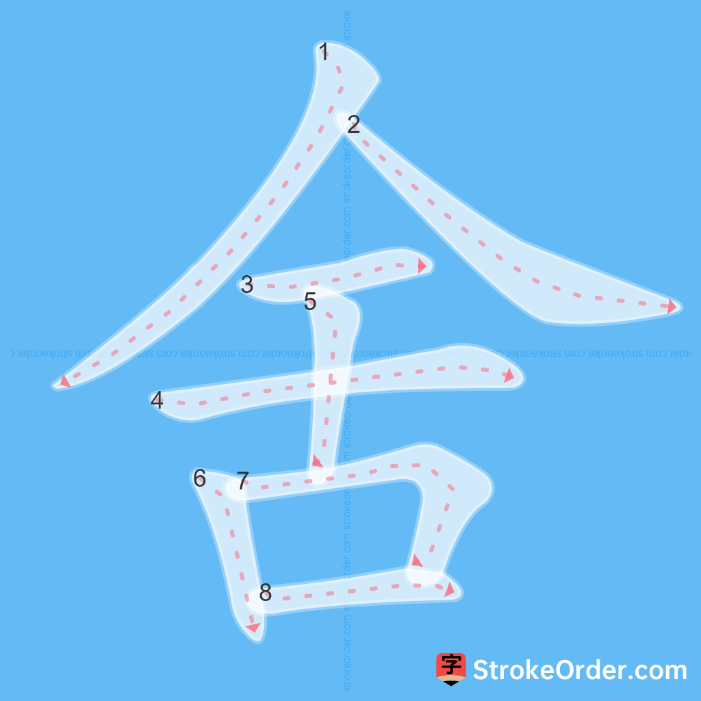 Standard stroke order for the Chinese character 舍