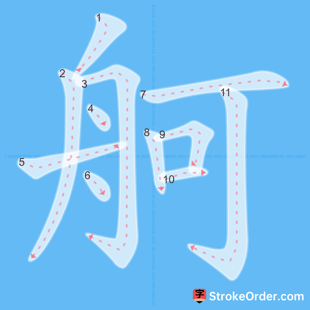 Standard stroke order for the Chinese character 舸