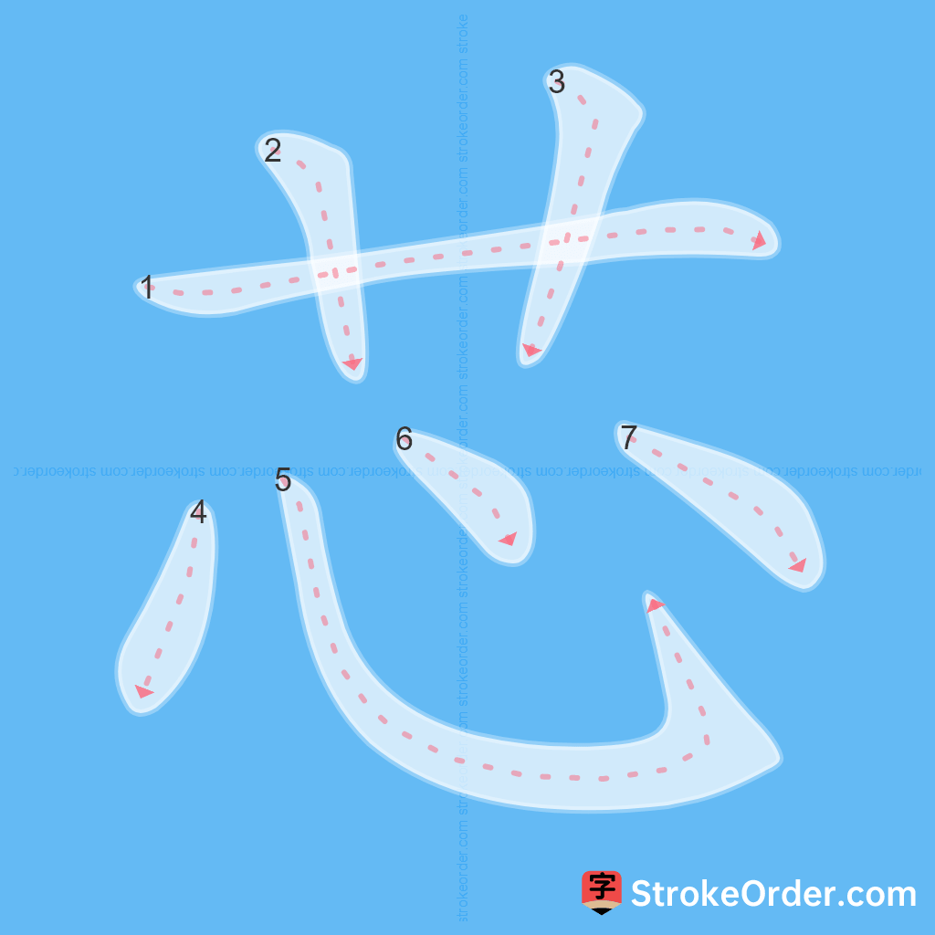 Standard stroke order for the Chinese character 芯