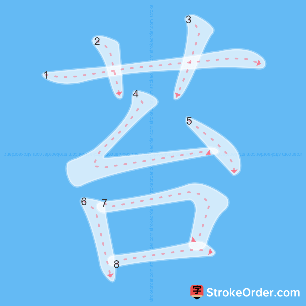 Standard stroke order for the Chinese character 苔