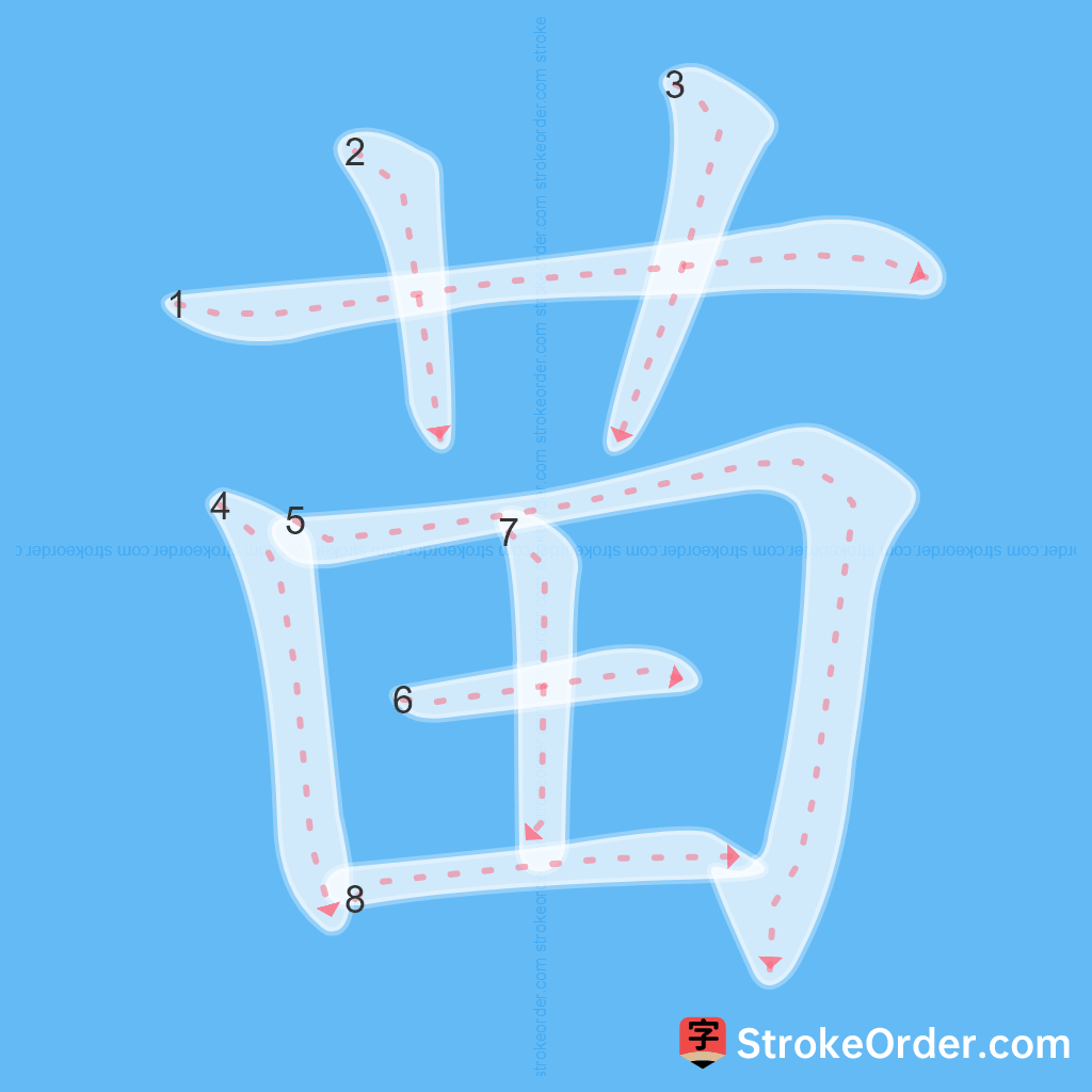 Standard stroke order for the Chinese character 苗