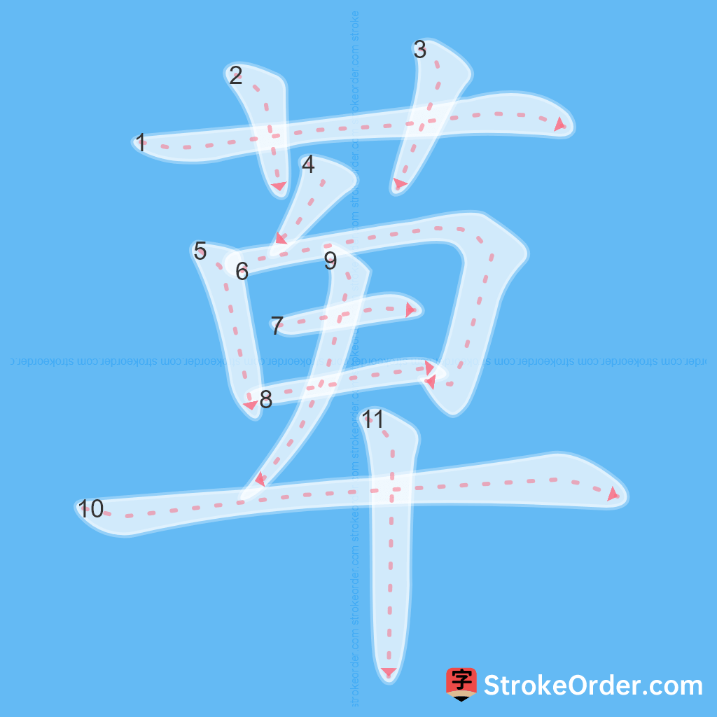 Standard stroke order for the Chinese character 萆