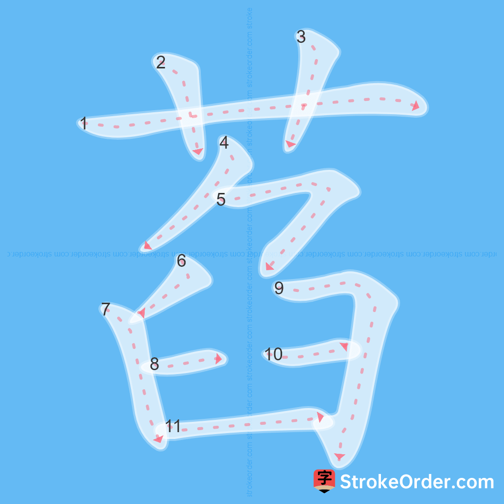Standard stroke order for the Chinese character 萏