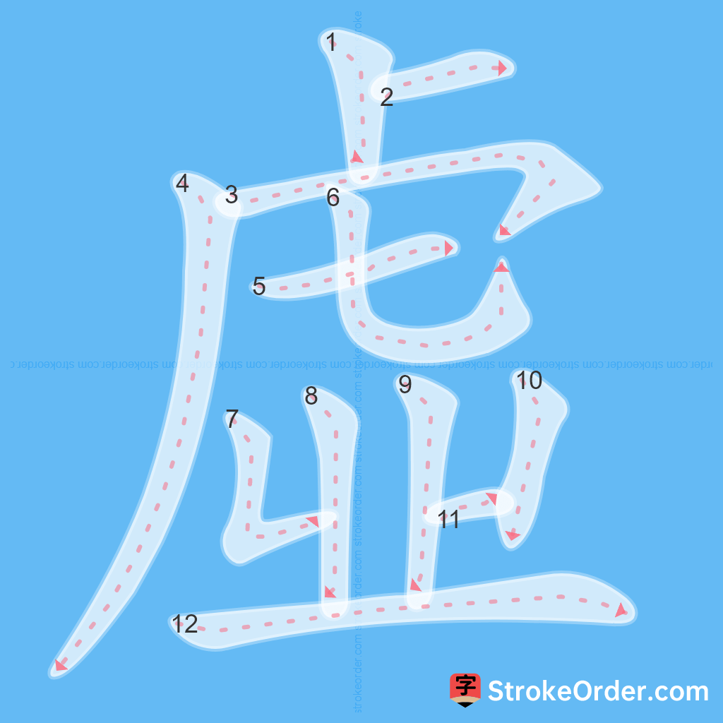 Standard stroke order for the Chinese character 虛