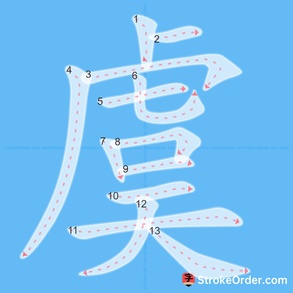 Standard stroke order for the Chinese character 虞