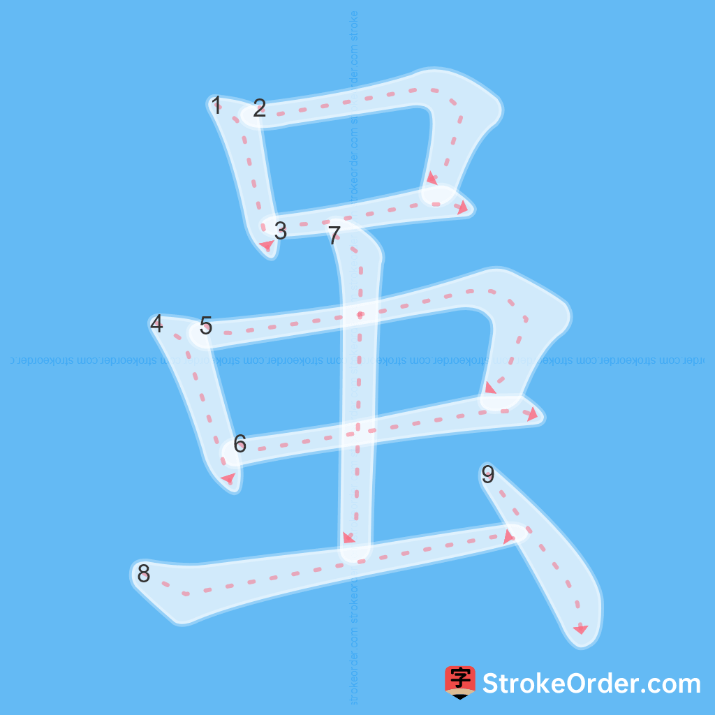 Standard stroke order for the Chinese character 虽