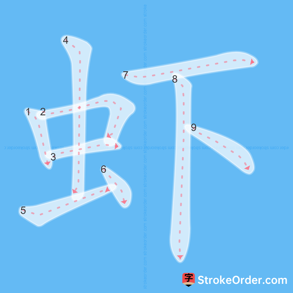 Standard stroke order for the Chinese character 虾