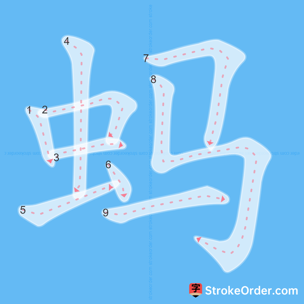 Standard stroke order for the Chinese character 蚂