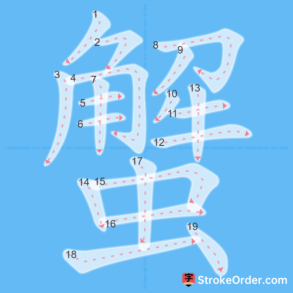 Standard stroke order for the Chinese character 蟹