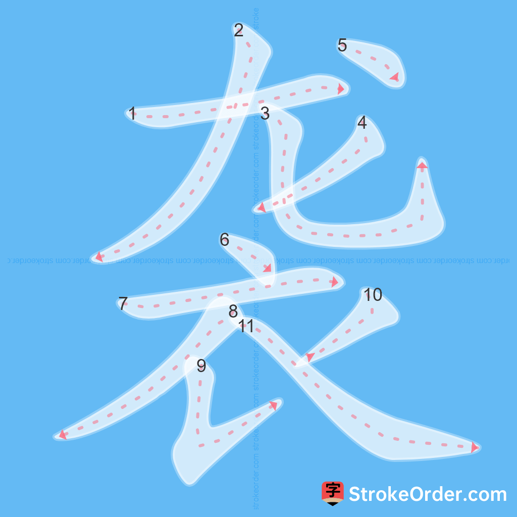 Standard stroke order for the Chinese character 袭