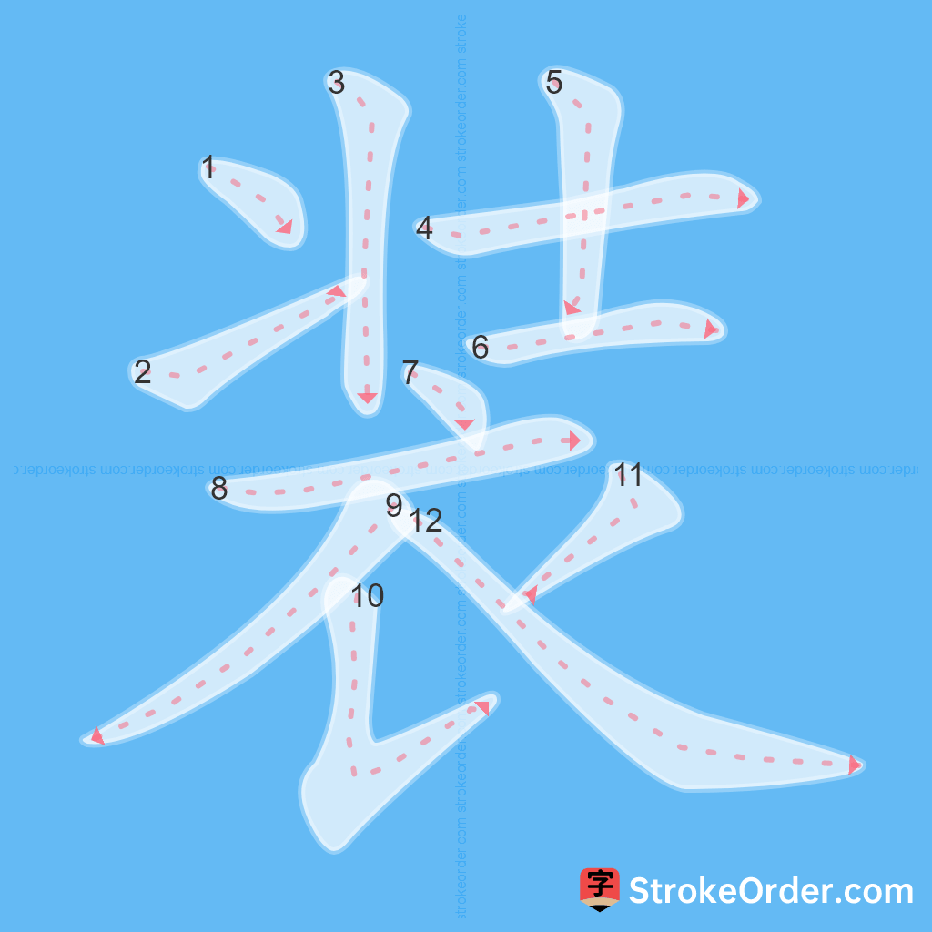 Standard stroke order for the Chinese character 装
