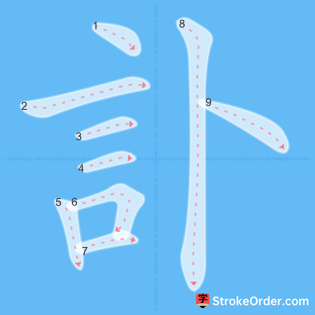 Standard stroke order for the Chinese character 訃