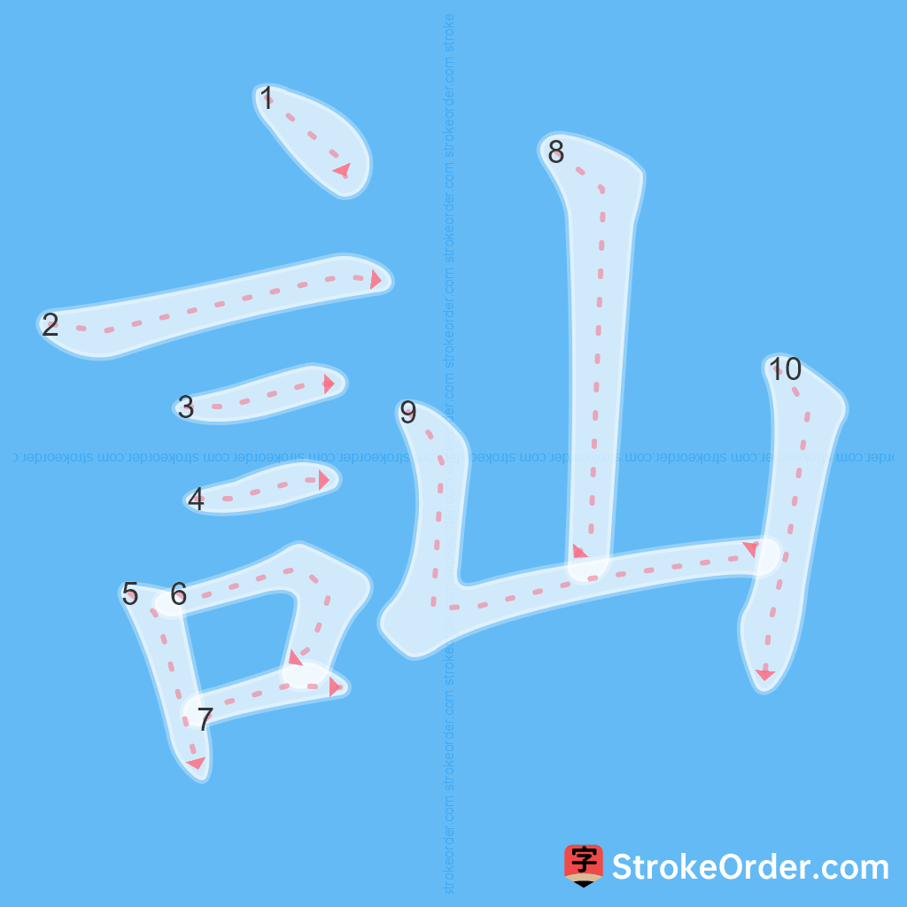 Standard stroke order for the Chinese character 訕
