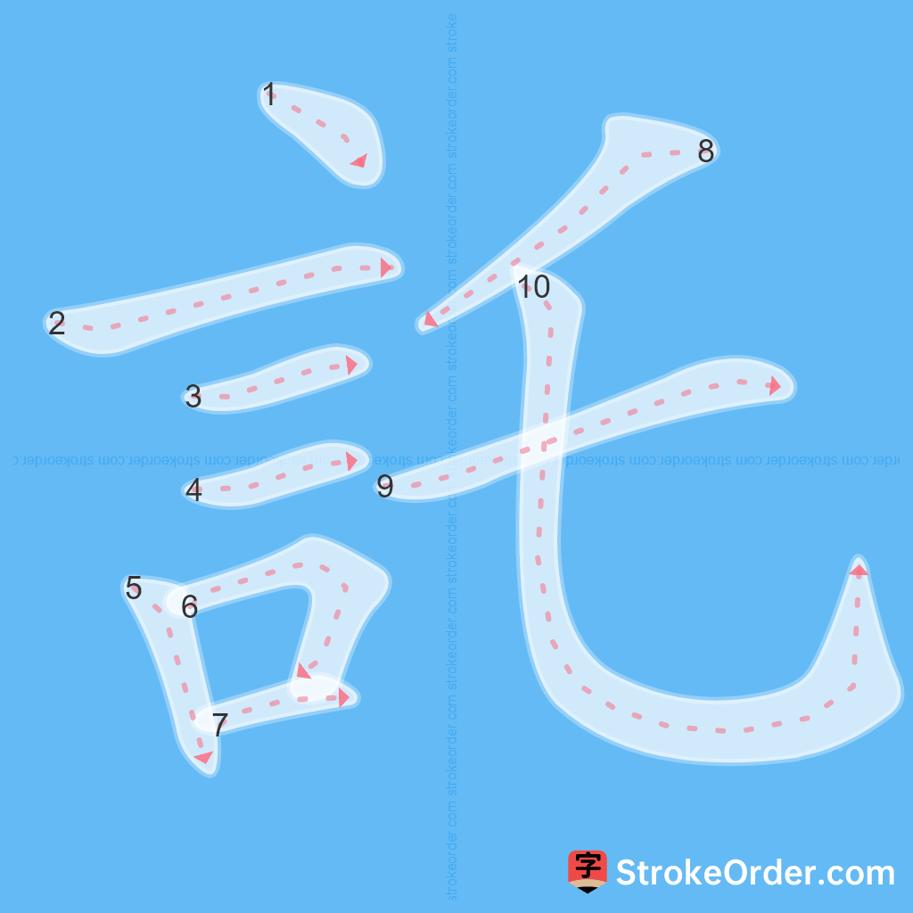 Standard stroke order for the Chinese character 託