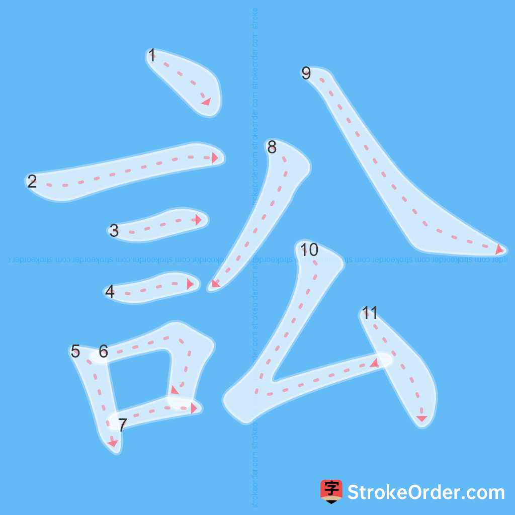 Standard stroke order for the Chinese character 訟