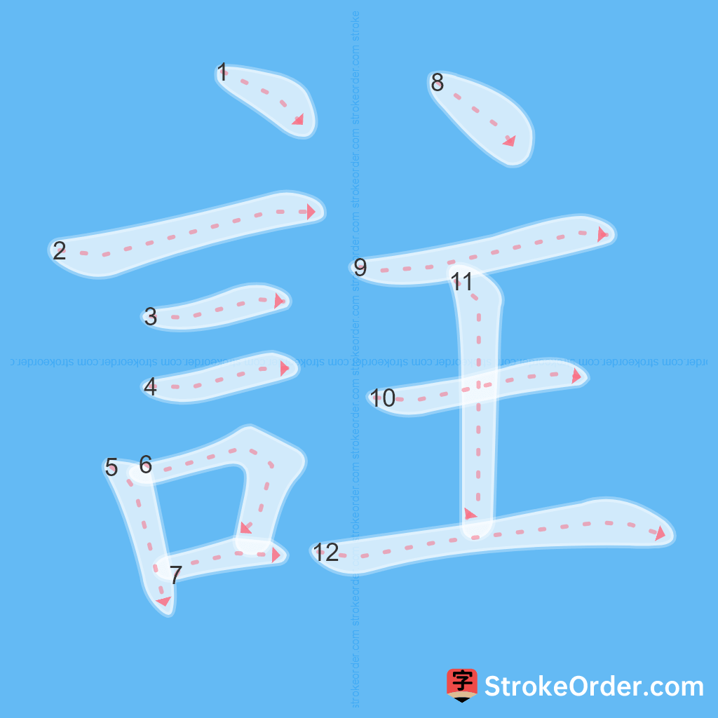 Standard stroke order for the Chinese character 註