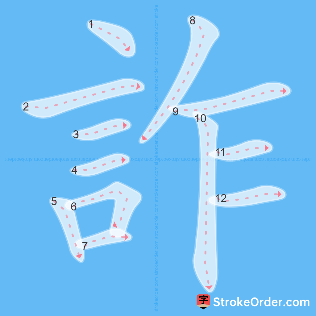 Standard stroke order for the Chinese character 詐