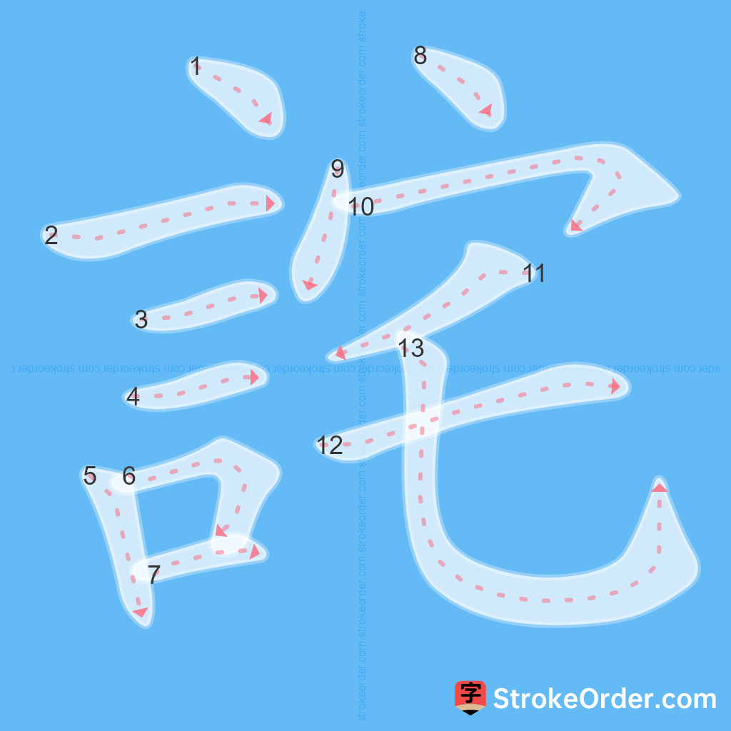 Standard stroke order for the Chinese character 詫