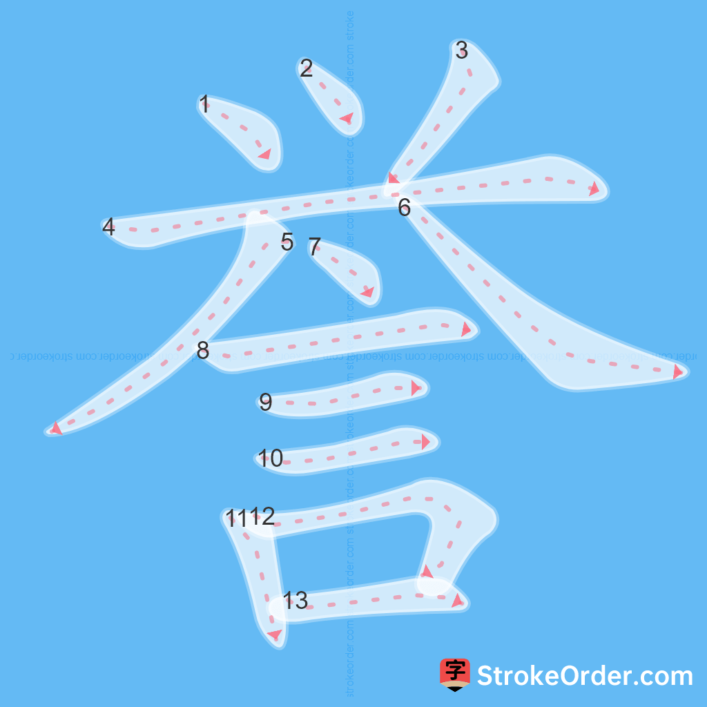 Standard stroke order for the Chinese character 誉