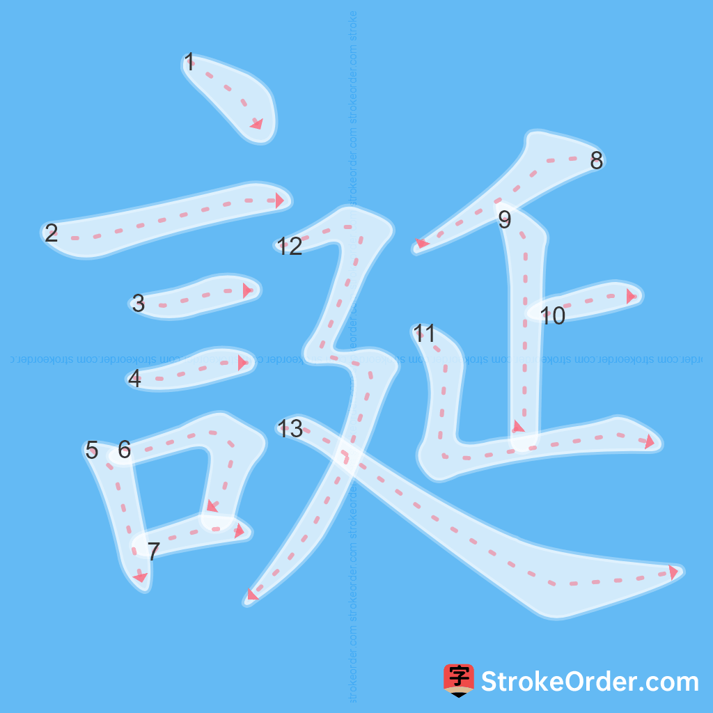 Standard stroke order for the Chinese character 誕