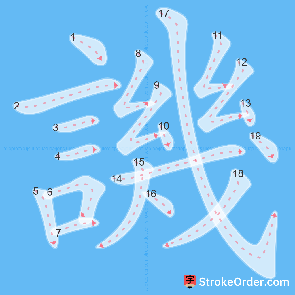 Standard stroke order for the Chinese character 譏