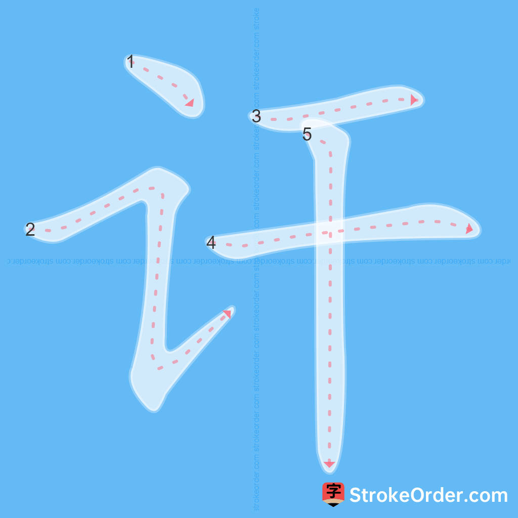 Standard stroke order for the Chinese character 讦