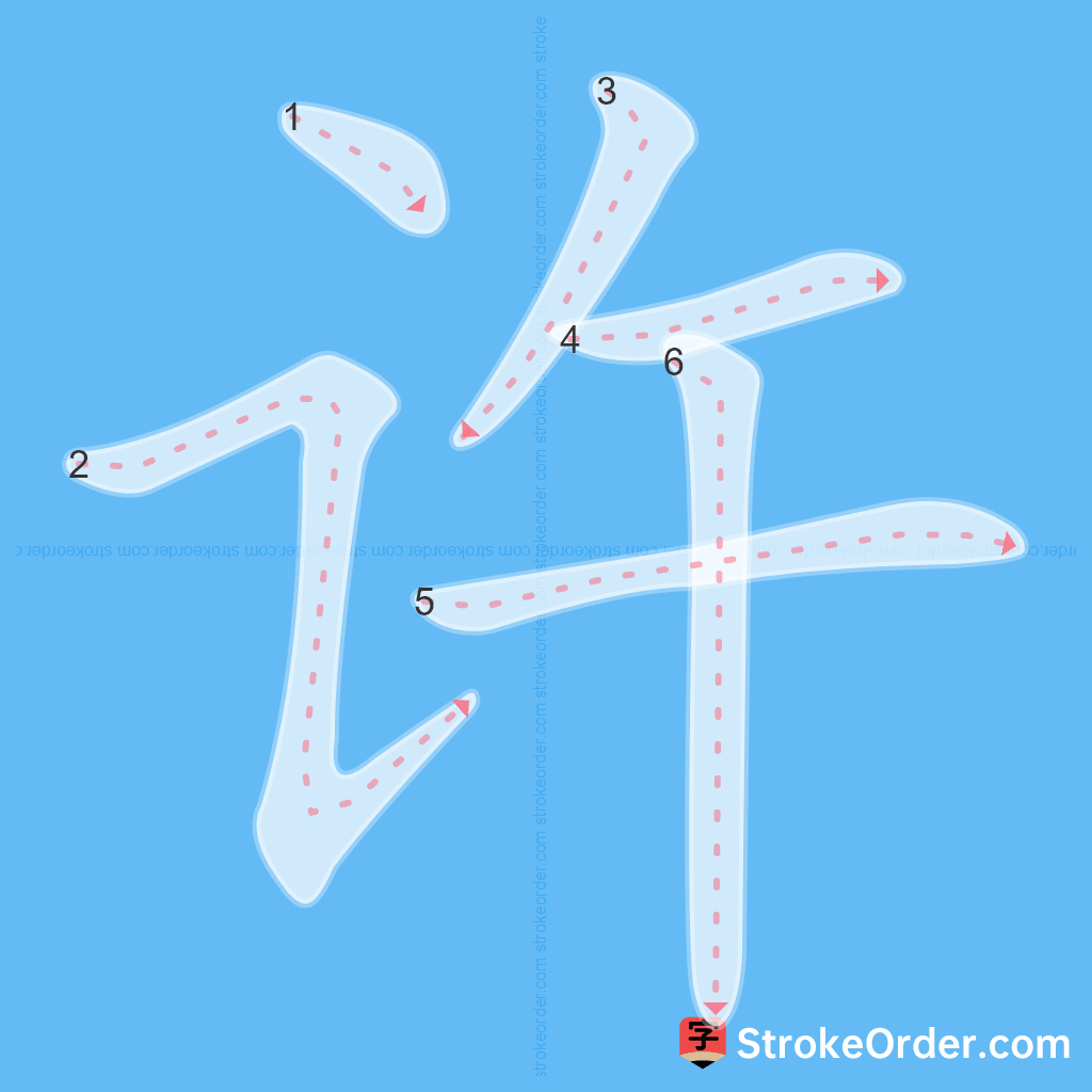 Standard stroke order for the Chinese character 许