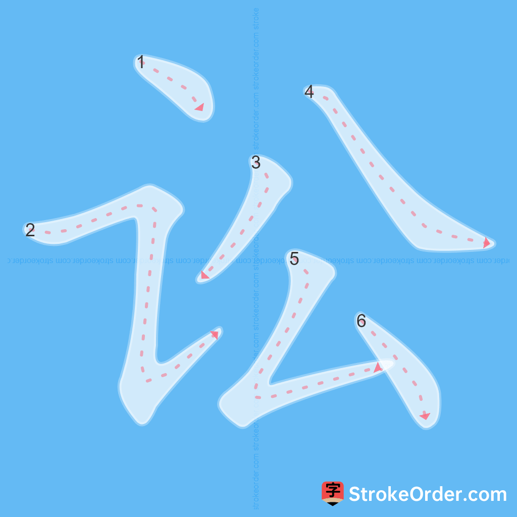 Standard stroke order for the Chinese character 讼
