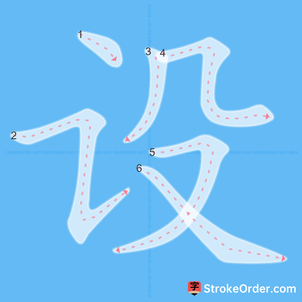 Standard stroke order for the Chinese character 设