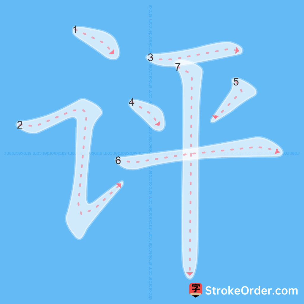 Standard stroke order for the Chinese character 评