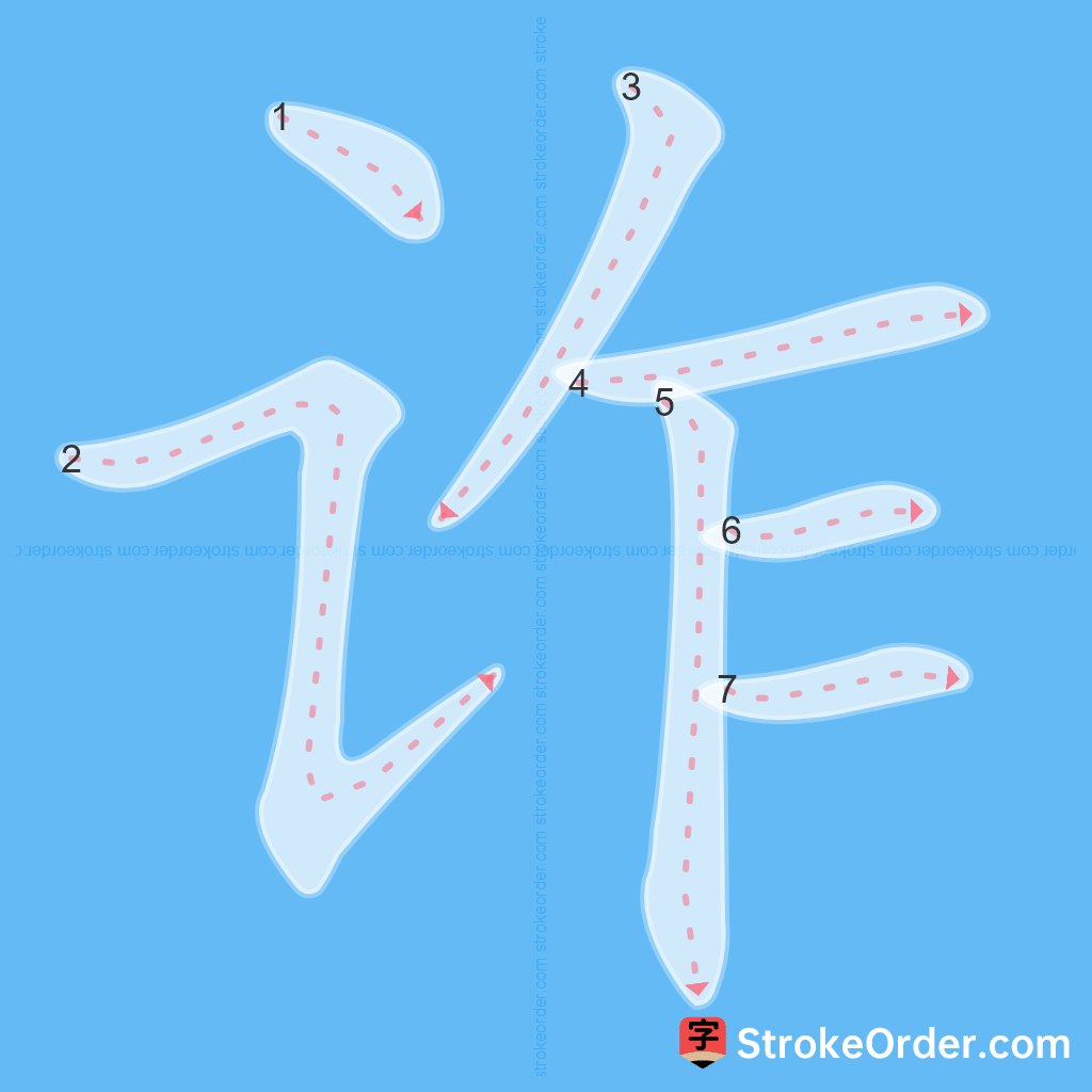 Standard stroke order for the Chinese character 诈
